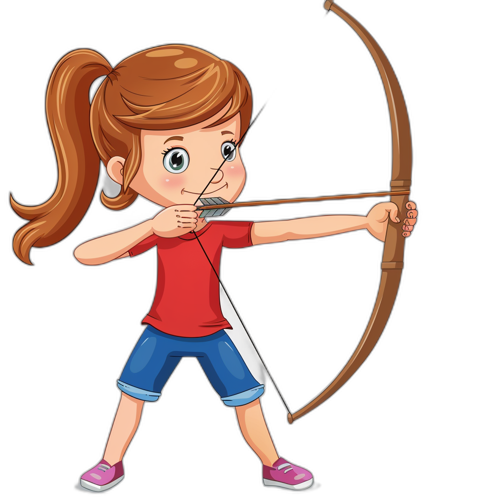 A cartoon girl with brown hair in pigtails, wearing blue shorts and a red t-shirt, is shooting an arrow from a bow in the style of isolated on a black background.