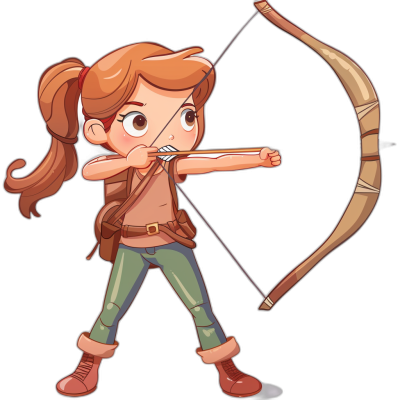 A cartoon girl archer with a bow and arrow, in a vector style, with a simple design, on a black background, using simple colors, with simple details, as a cute character, in a chibi art style, wearing boots, with brown hair in pigtails, holding an arrow in her hand ready to shoot.