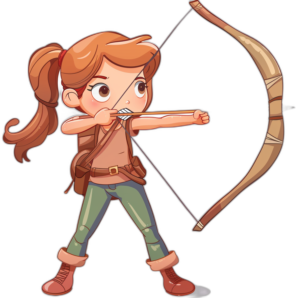 A cartoon girl archer with a bow and arrow, in a vector style, with a simple design, on a black background, using simple colors, with simple details, as a cute character, in a chibi art style, wearing boots, with brown hair in pigtails, holding an arrow in her hand ready to shoot.