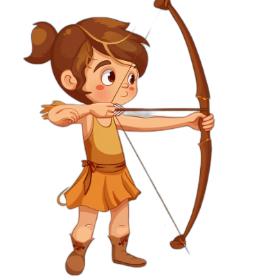 A cute cartoon girl archer, wearing brown  and holding an arrow with her bow in the style of Pixar animation on a black background, clipart design vector illustration digital art.