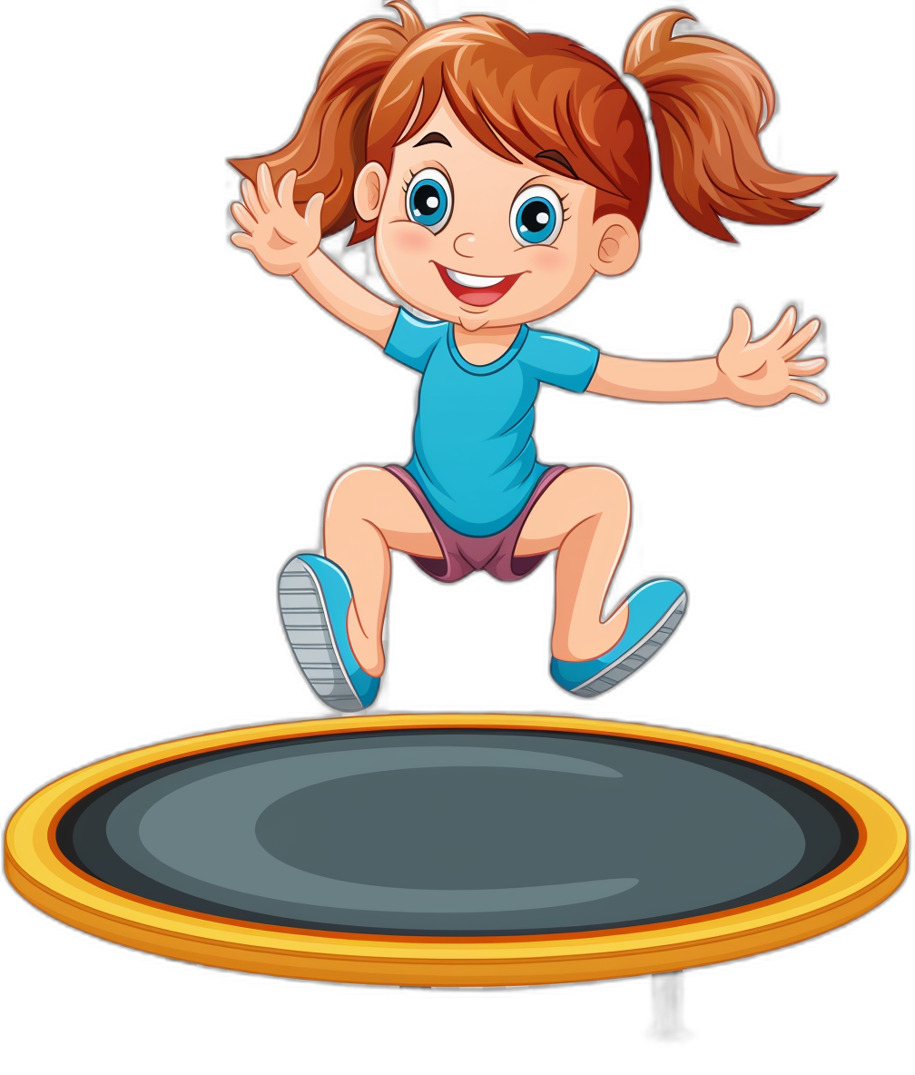 cartoon illustration of a cute little girl jumping on a trampoline, in the style of vector style, clip art for kids, colorful cartoon, simple black background, high resolution, 2d game asset, adobe illustrator svg vector format