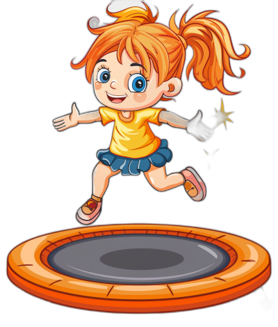 A cartoon girl jumping on the trampoline, vector illustration style with black background. The little princess has orange hair and is wearing an yellow tshirt and blue skirt. She wears white gloves for protection while playing sports in front of her smiling face., focus to whole body, best quality , high resolution