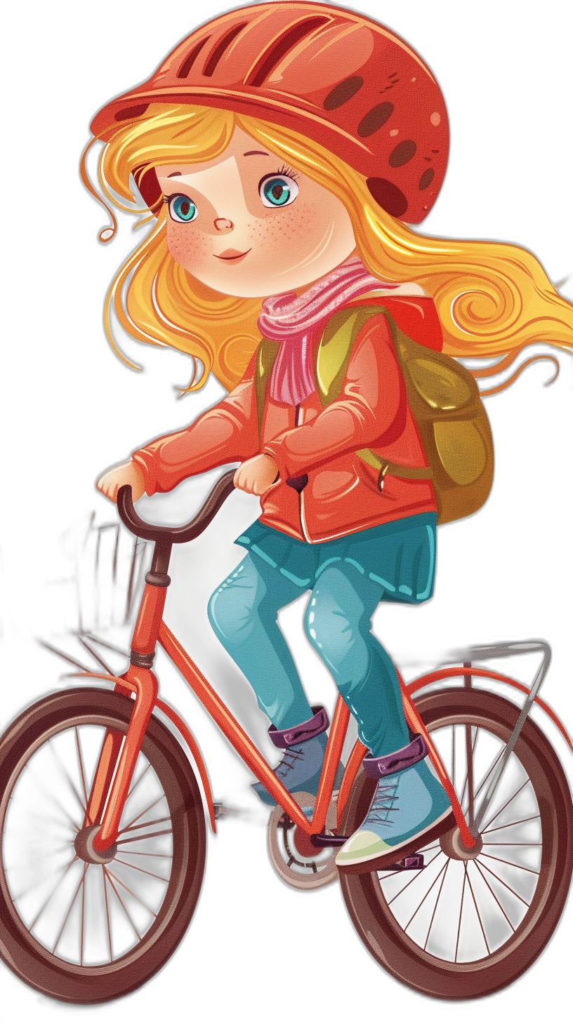 A cute little girl with blond hair is riding her bicycle, wearing a helmet and a red jacket, blue pants, and white socks on her feet. The illustration is in the style of a cartoon, with a simple black background, using a vector style, flat design, and 2D style. Bright colors are used, showing a full body portrait with high resolution, high detail, and high quality. The image has a professional photography style with professional lighting and professional color grading. It has high contrast, vibrant colors, sharp focus, and hyper-realistic details.