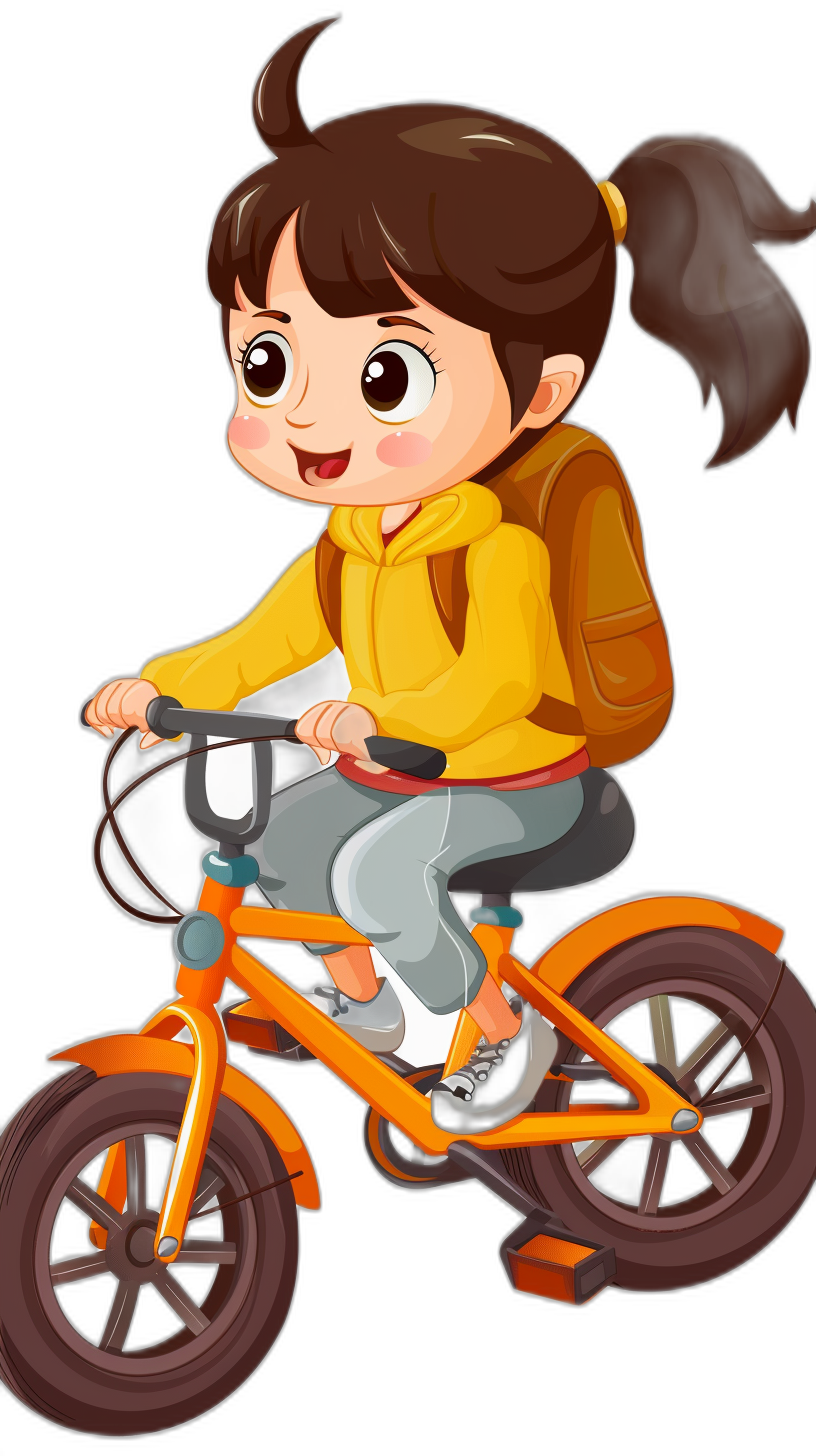 A cute little girl is riding an orange bike in a cartoon style vector illustration with a black background. The simple and clean design shows a full body portrait in a close-up of her front face. She has big eyes, brown hair in pigtails, wearing gray pants and a yellow hoodie. A backpack is on her back as she smiles happily while cycling. The overall color scheme uses bright and warm tones to highlight its cheerful character.