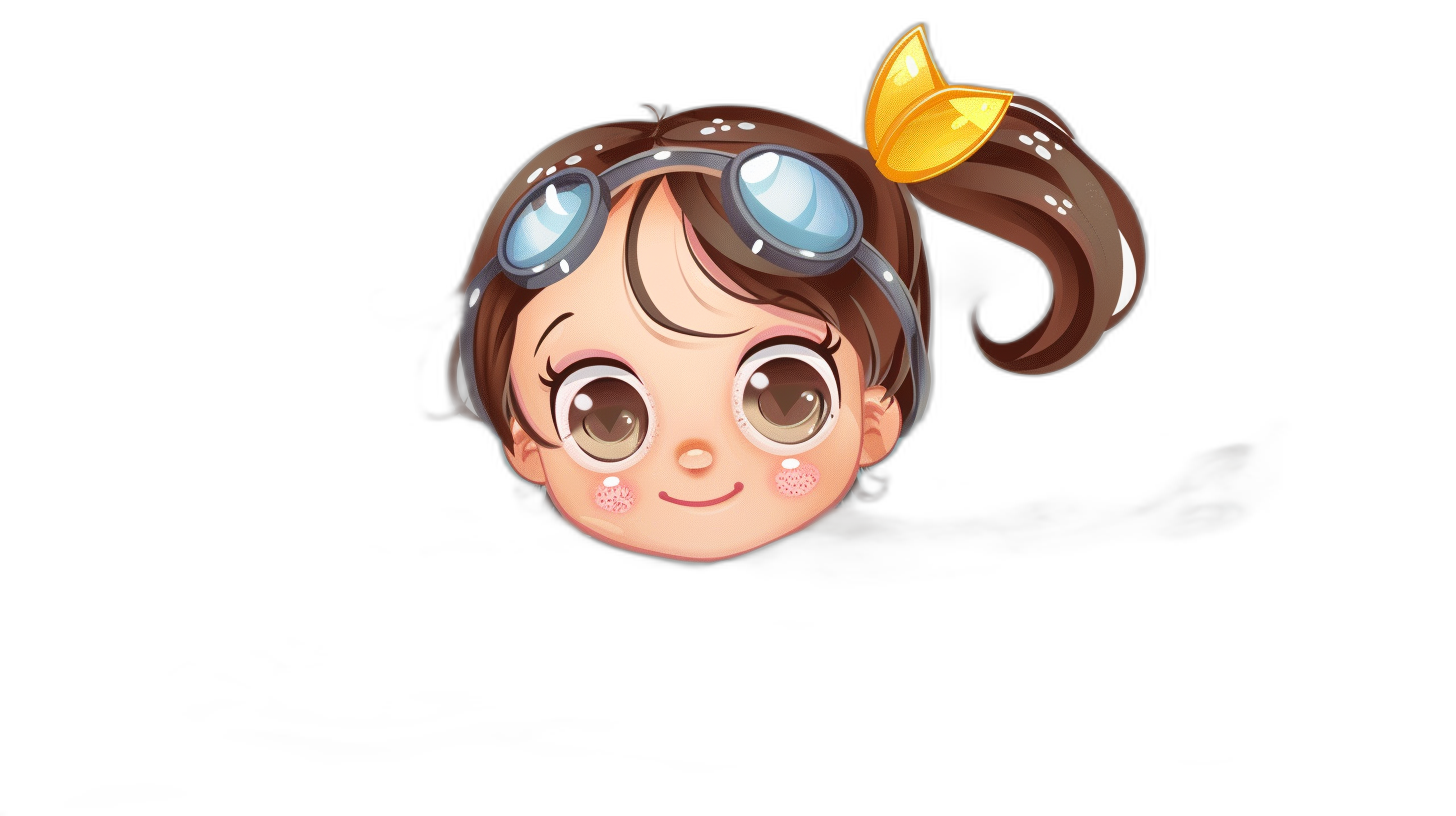 A cute little girl head with goggles on her forehead, smiling, chibi style, simple design, simple background, black background, game avatar, cartoon character, vector illustration, high resolution, professional color grading, clean sharp focus, high detail, high quality, high definition