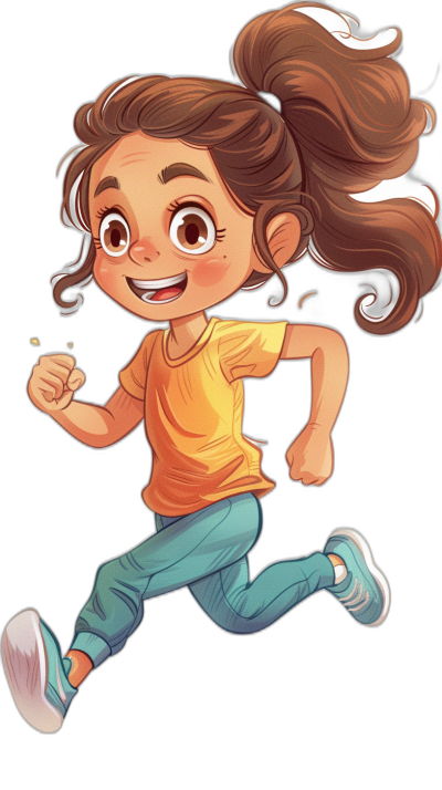 5-year-old girl, smiling and running with big eyes in the style of digital illustrations and character caricatures with cute, cartoonish designs against a dark background in the style of children's book illustrations.