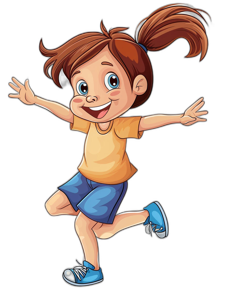 A cartoon girl is jumping, with brown hair and blue shoes on her feet. She has short sleeves, dark yellow t-shirts, bright eyes, smiling expressions, simple black background,,in