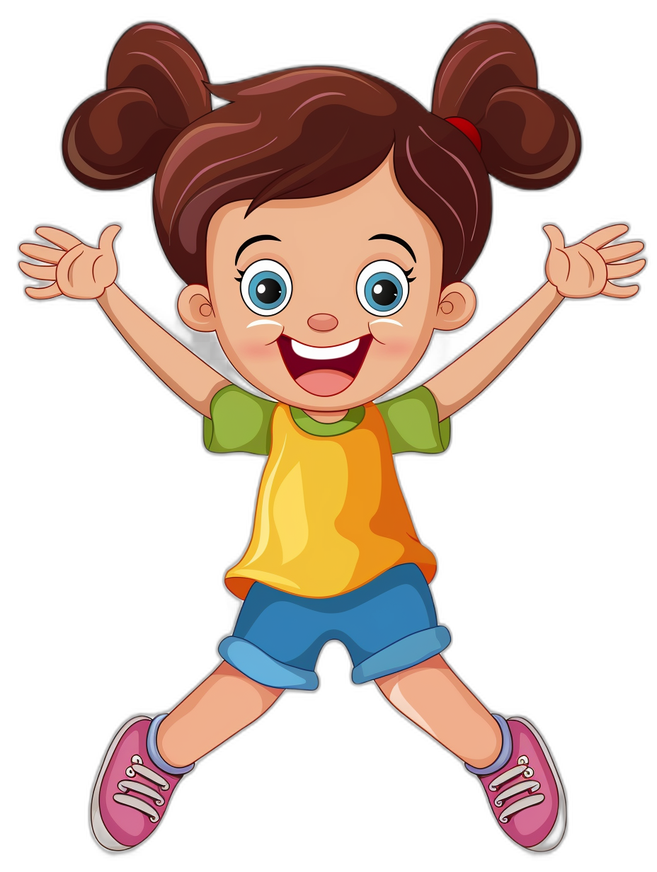 A cute happy girl with pigtails jumping in the air, clip art style cartoon illustration on a black background. The illustration is in the style of clip art.