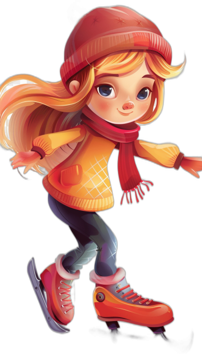 A cute little girl is ice skating in the style of cartoon style on a black background, wearing red boots and orange gloves. She has long blonde hair with bangs and wears an amber sweater vest over her yellow shirt, with a scarf around her neck and a hat on her head. It is a full body shot of high quality.