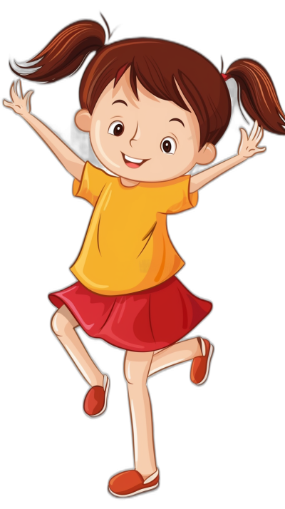 A cute cartoon girl is dancing, wearing yellow short sleeves and a red skirt with a black background. The hair has two pigtails tied in ponytails in the style of the bangs. She smiles happily while jumping up, facing forward. Her hands drooping from behind her head, and she raises both of them at different angles to show that they have not yet straightened out completely. Vector illustration style, with simple lines, bright colors, flat design, high resolution.