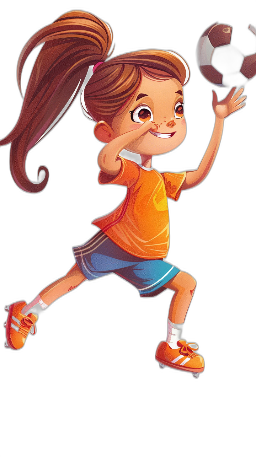 Cute cartoon girl playing football, wearing orange and blue shorts with long hair tied in a ponytail style, in the style of Disney Pixar illustration, black background, happy expression, running posture to catch the ball, colorful , full body portrait, high definition details of the character, bright colors, lively sports scene.