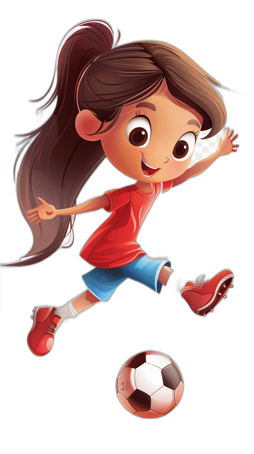 cartoon illustration of a cute girl playing soccer, wearing a red t-shirt and blue shorts with long brown hair in a ponytail, black background, big eyes, happy face, in the style of Pixar