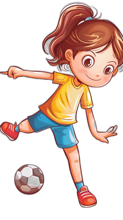 A cute little girl playing football, in a vector illustration style, on a black background, with flat color blocks and simple lines, using bright colors. She is wearing yellow short sleeves and blue shorts, with red shoes on her feet. She is kicking the ball in front of you in the style of children's cartoon characters. The overall atmosphere should be lively and cheerful. High resolution.