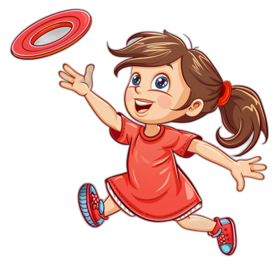 a cute little girl cartoon character in red dress playing frisbee, vector illustration on black background, high resolution