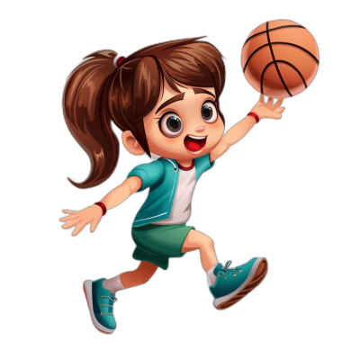 A cute little girl is playing basketball in a cartoon style with a black background and colorful , wearing blue shoes as she jumps up to shoot the ball. She has big eyes and long brown hair tied in pigtails, wearing green shorts under a white short sleeves jacket. Her face exudes joy as she breaks into an excited smile when catching her first basket. The illustration is in the style of game art with a vector style and simple shapes.