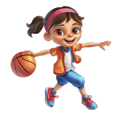 A cute girl basketball player, wearing a jacket and blue pants, with a pink headband, smiling face with big eyes, in the style of cartoon, playing basketball in an action pose, with colorful , isolated on a black background, in the style of Disney Pixar character design, with detailed facial features, detailed hand gestures, detailed shoes, as a full body shot, with a 3D animation rendering style, at a high resolution.