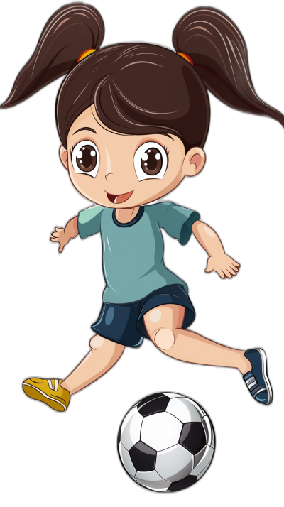 A cute little girl is playing football in the style of a vector illustration. The cartoon character design has a black background. She is wearing blue short sleeves and dark green shorts with white shoes on her feet. Her brown hair is in ponytail buns. She has big eyes and a smiling expression as she kicks the ball to play football. The full body shot is of high quality.