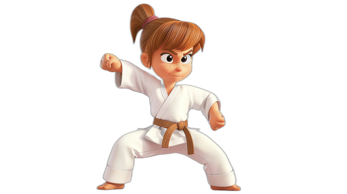 A young girl with brown hair in pigtails doing karate. She wears a white uniform with a full body view against a black background. The style is reminiscent of Pixar cartoon characters.