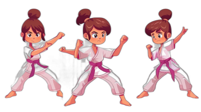 character design sheet of a little girl with brown hair in a karate outfit doing kung-fu moves. She is depicted in pink and white  in a simple cartoon style. The vector art includes a front view, side view and back view of the girl against a black background.