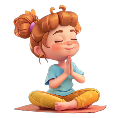 A cute little girl is doing yoga, hands clasped together in prayer with closed eyes and a happy expression on her face. She has brown hair tied into two buns at the top of her head, wearing a light blue short-sleeved top and yellow pants underneath. The 3D cartoon style character design is set against a black background in the style of Pixar.