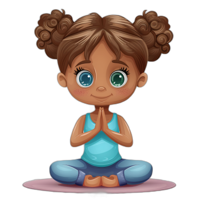 cartoon of little girl with brown hair in pigtails doing yoga in the style of clip art style isolated on black background