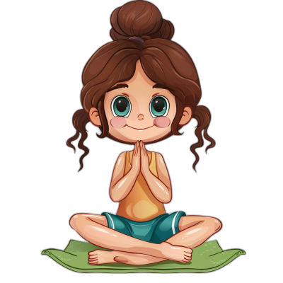 A cute little girl doing yoga, vector illustration, flat design, simple drawing style, black background, colorful cartoon style, full body portrait, front view, Disney Pixar animation, with big eyes and smiling face. She has long brown hair in two buns on the top of her head. Her hands clasped together in prayer as she sat cross-legged on an green pastel mat. Wearing orange tank tops and blue shorts, with large round white eyelashes.