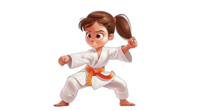 A little girl with brown hair in pigtails doing karate. She wears a white gi and has an orange belt. The drawing is of her full body in a cartoon style on a black background with a pixar character design.