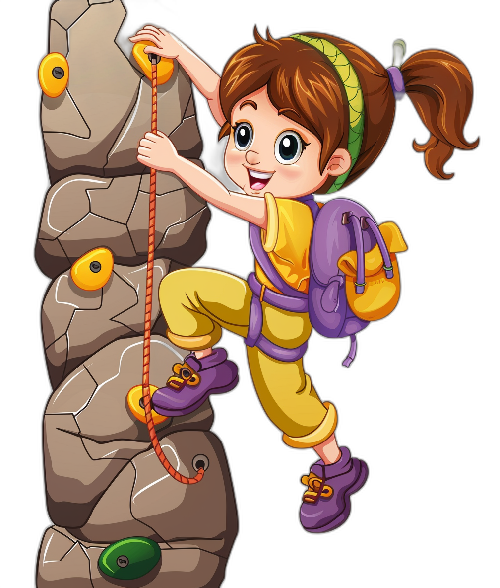 A cartoon girl climbing a rock wall in a yellow and purple outfit in the style of vector style on a black background.