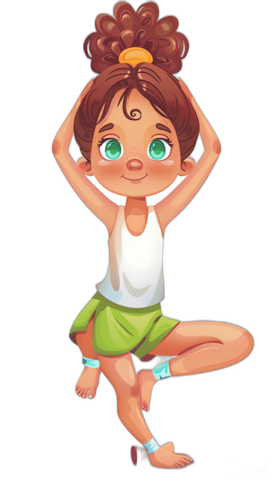 cartoon character of a cute little girl with green eyes and brown hair in a bun doing a yoga tree pose, wearing a white tank top and short skirt in the style of Pixar Disney animation, on a black background in a sticker style.