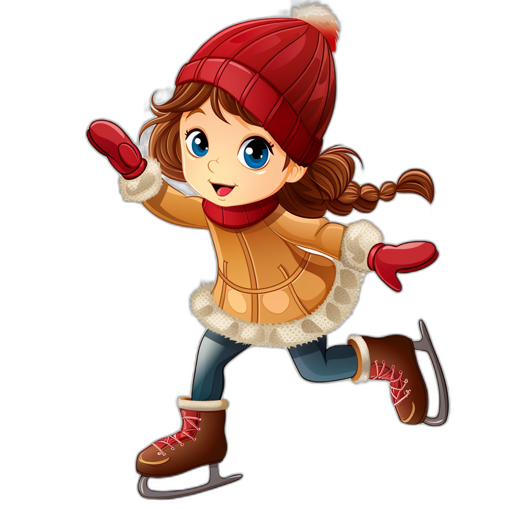 A cute girl ice skating in a clip art style, vector illustration in the style of flat design with a simple and clean appearance on a black background, wearing winter  including a hat with ear flaps and gloves on her hands, her shoes of skates visible under her feet, a happy expression with blue eyes, like a cartoon character with bright colors and high detail in a high resolution image.