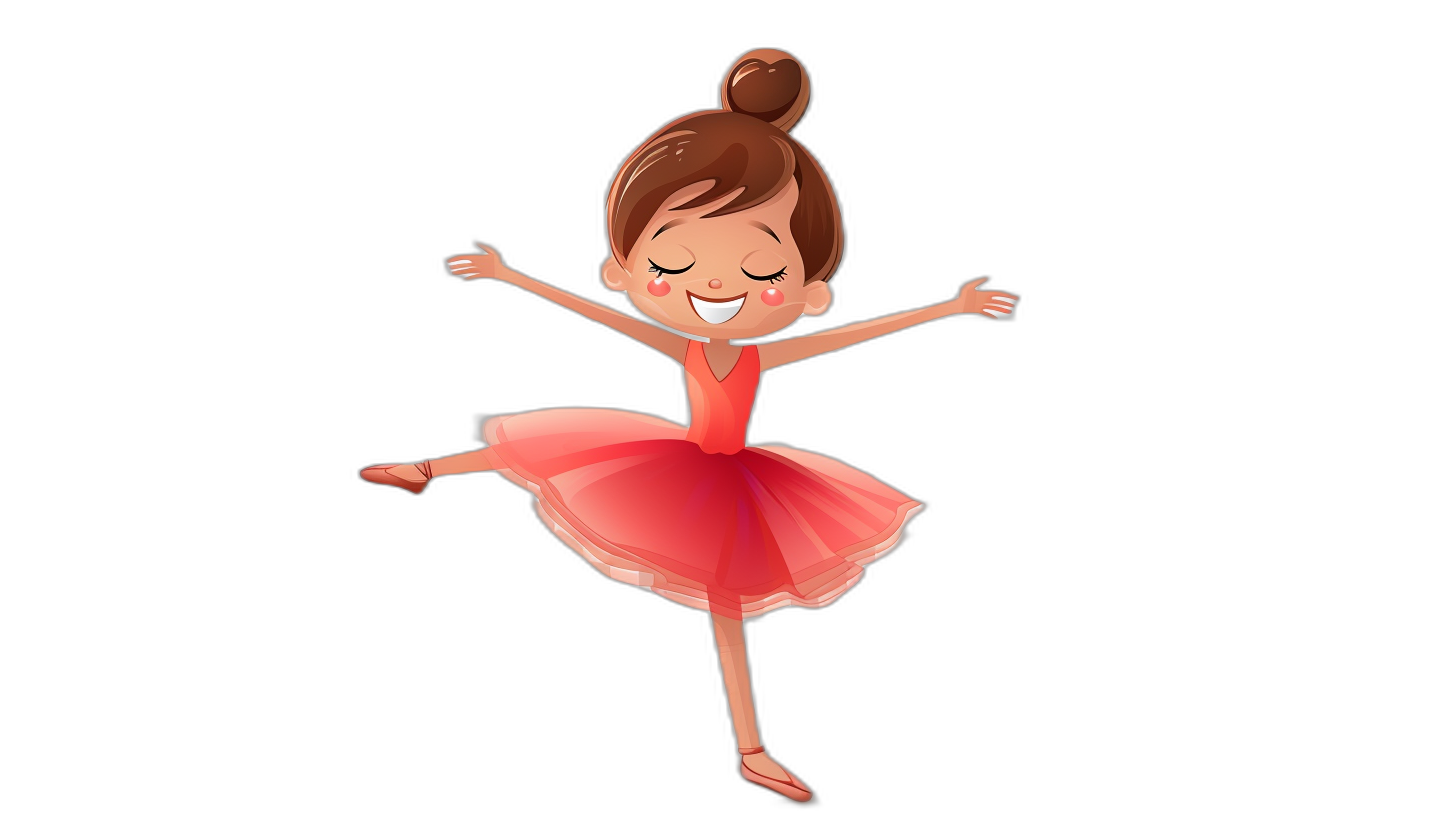 A cute little girl ballerina, dancing in the air, smiling with her eyes closed, wearing a red ballet dress and pink shoes. The illustration is in a simple vector style on a black background with a flat design. It depicts a cute cartoon character in a 2D, high resolution, high quality, and high detail full body shot. The photography is professional with sharp focus.