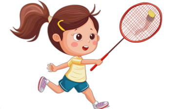 Cute little girl playing badminton, vector illustration style on a black background, using simple lines and a cartoon character design with simple details. A simple coloring page with high resolution, no shadows, high detail, and high quality, in the style of a simple lines and cartoon character design.