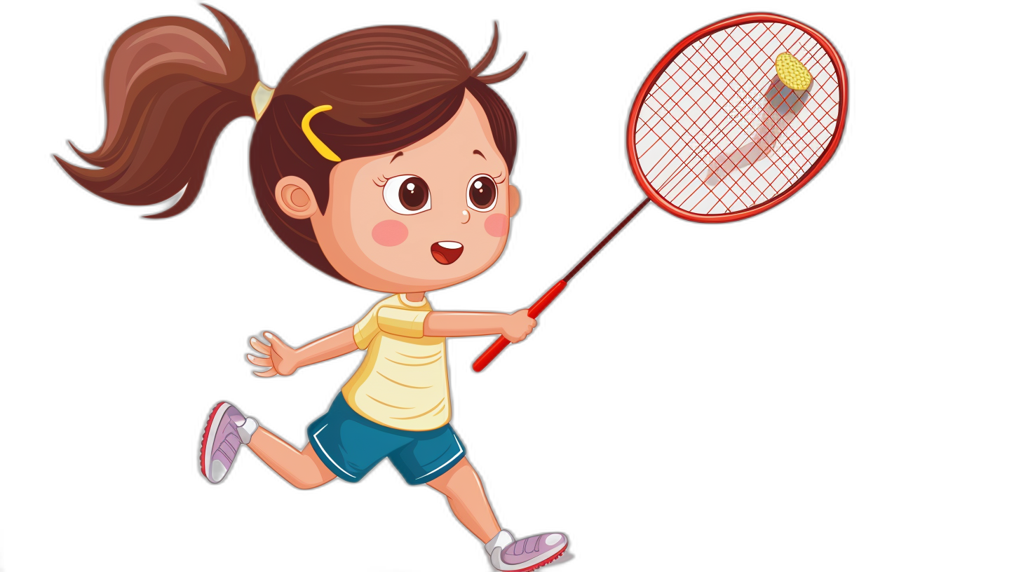 Cute little girl playing badminton, vector illustration style on a black background, using simple lines and a cartoon character design with simple details. A simple coloring page with high resolution, no shadows, high detail, and high quality, in the style of a simple lines and cartoon character design.