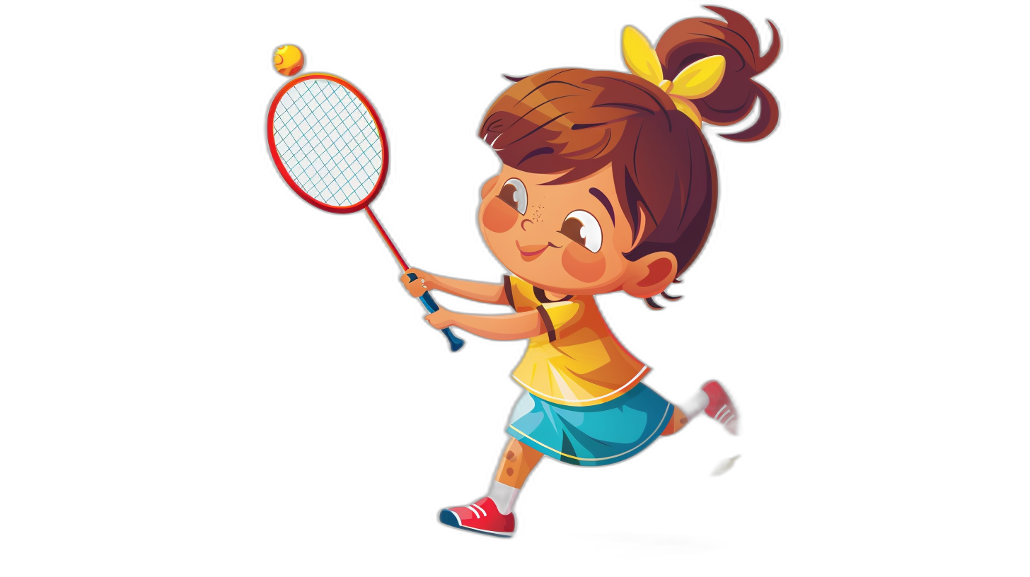 A little girl playing badminton in the style of a cartoon, vector illustration in the style of a cartoon on a black background, cute character design with simple and clean lines, colorful animation stills with flat shading and simple designs using bold colors with strong color contrasts, high resolution animation stills with no shadows and high contrast, high quality animation stills.