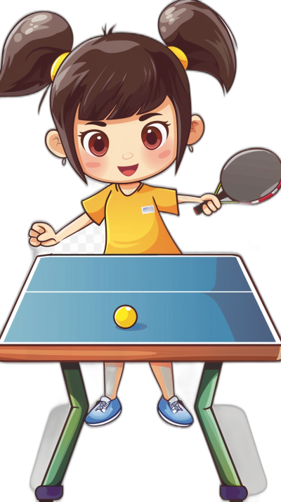 Cartoon girl playing table tennis, in a cartoon style with simple strokes and a solid color background, in high definition.