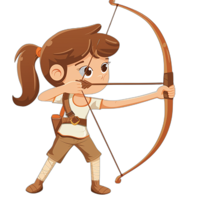 A cartoon-style archer girl with brown hair, dressed in simple  and holding an arrow ready to shoot, clip art style for the game interface, vector graphics on black background, simple design. The bow is placed horizontally across her chest. She has white skin and big eyes. Her face shows focus as she holds the string of the bow while aiming it at something. There's no text or additional elements such as icons, icons, or other items. This version uses flat colors and clear lines. It was created using Adobe Illustrator and hand-drawn techniques.