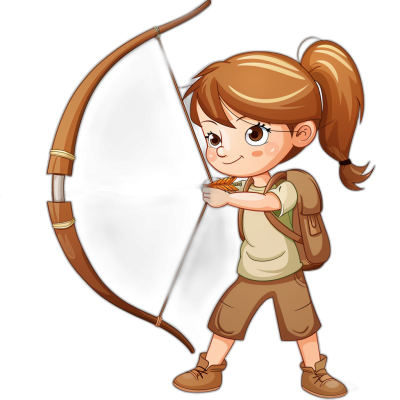 A cartoon-style girl archer with brown hair in pigtails, wearing an explorer's outfit and carrying a bow on her back. She is aiming at the target with focus. Vector illustration style. Isolated black background.