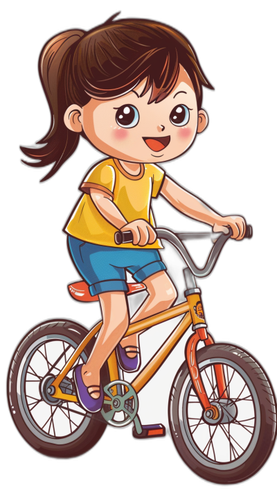 A cute little girl is riding an orange bike in the style of a cartoon vector illustration with a black background. She has brown hair and blue eyes, wearing a yellow t-shirt, dark purple shoes and short pants. The bicycle's wheels have five white spokes on each side. A sticker design for kids as a vector graphic.