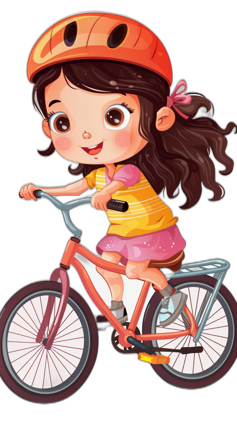 A cute little girl is riding her bike in a cartoon style vector illustration with a black background. The illustration is high resolution, colorful, high detail, and high quality with high definition and high sharpness. The girl is shown with high focus and natural beauty in the style of a cartoon vector illustration.