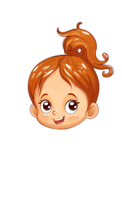 vector cartoon cute girl head, smiling, red hair in pigtails on black background