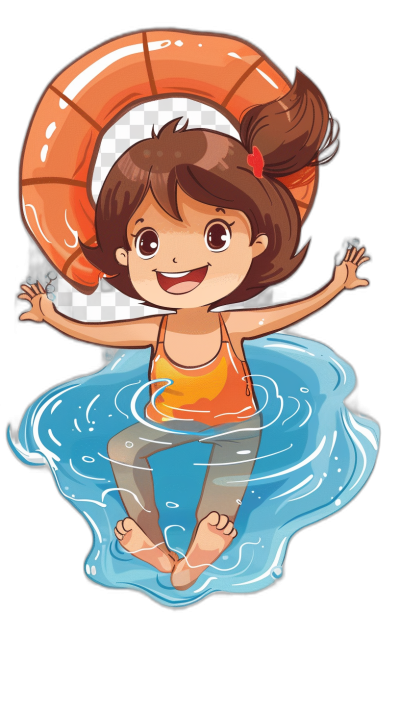 Cute cartoon girl with an inflatable ring, swimming in the water with a happy expression against a black background in the style of a sticker design. The illustration uses simple lines and shapes in the style of character caricatures and cute storybook illustrations. The edges of the illustration are clean on a white isolated background to remove the background.