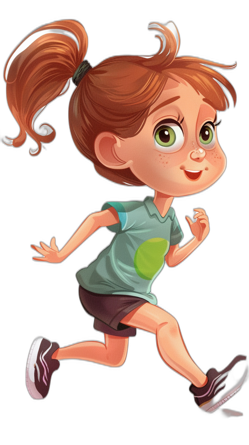 Side view of a cartoon girl running, wearing shorts and a t-shirt with a green circle on it. She has a big head and a small body, with brown hair in a ponytail and freckles. She is smiling in the style of Pixar, with a simple design on a black background and in full color.