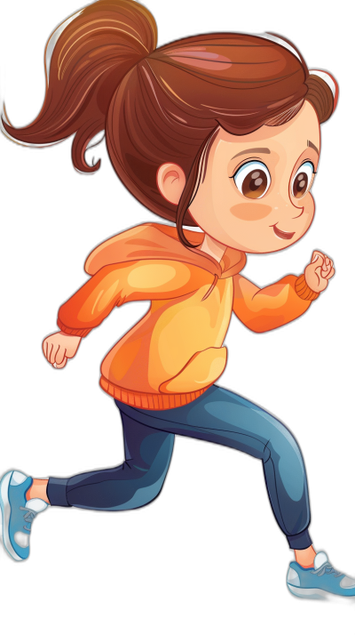 cartoon girl with brown hair in a ponytail wearing an orange sweater and blue pants running on a black background in the style of unknown artist.