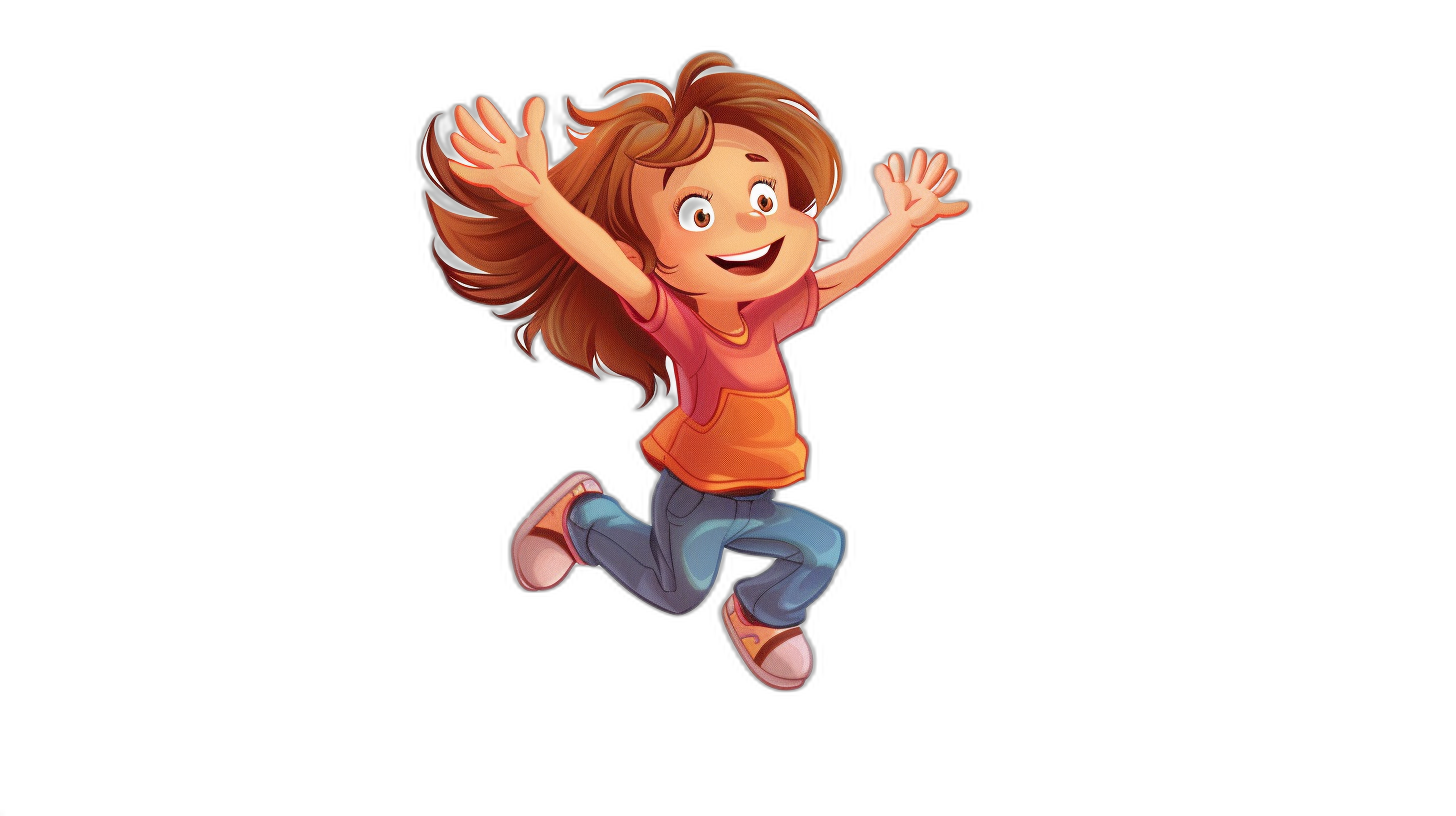 A cartoon girl jumping up happily with a solid black background in the style of Pixar.