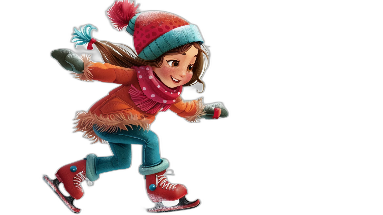 A girl skating on ice, wearing winter  and gloves, in the style of a cartoon with a black background. She is smiling while performing figure skate figures with a cartoon character design that is cute, colorful, and lively at a high resolution. The scene has an animated feel with bright colors and soft lighting. It creates a feeling of joy in the atmosphere.