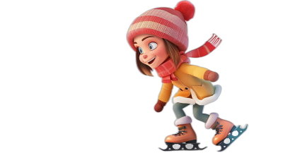 3D cartoon, happy girl ice skating on a black background, in the style of Pixar, adorable eyes, lovely vibrant colors, matte finishing, octane render, in the styles of Disney and Pixar animation.