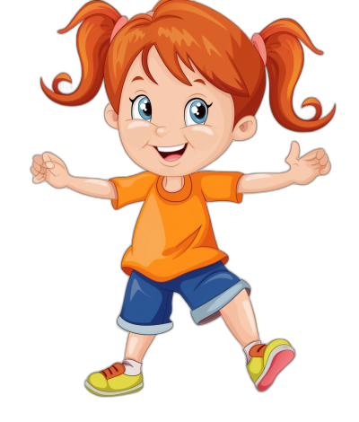 A cute cartoon girl with red hair in pigtails is dancing. She has blue eyes and wears an orange t-shirt, dark shorts, and yellow shoes. This is a vector illustration for a children's book in the style of a full body shot on a black background.