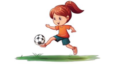 Cartoon girl playing football, vector illustration style with a black background and simple lines, full body portrait, high resolution, simple design, simple details, flat color blocks, cute cartoon character. She is wearing an orange t-shirt and blue shorts. The little soccer player has her hair tied in a ponytail and holds the ball while running on grass, showing off her skillful footwork in the style of .