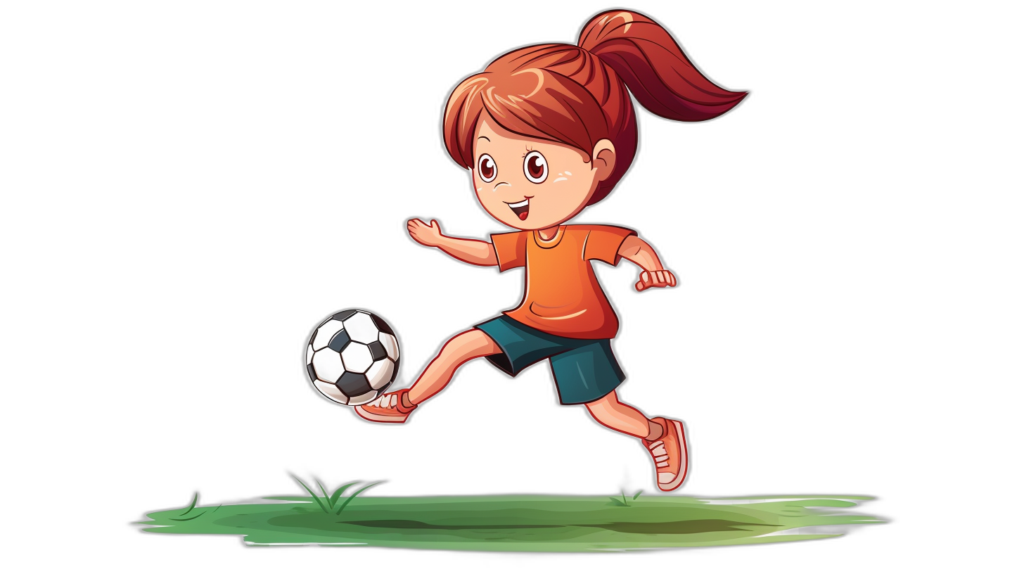 Cartoon girl playing football, vector illustration style with a black background and simple lines, full body portrait, high resolution, simple design, simple details, flat color blocks, cute cartoon character. She is wearing an orange t-shirt and blue shorts. The little soccer player has her hair tied in a ponytail and holds the ball while running on grass, showing off her skillful footwork in the style of .