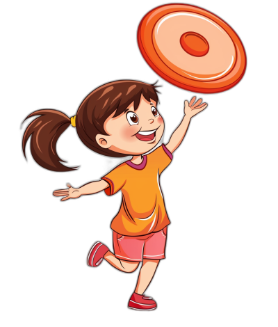 a cute happy girl playing frisbee cartoon vector illustration on black background